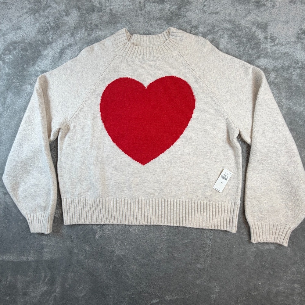 Old Navy So Soft Mock Neck Sweater Ivory w/ Red Heart Pullover Women's M NWT